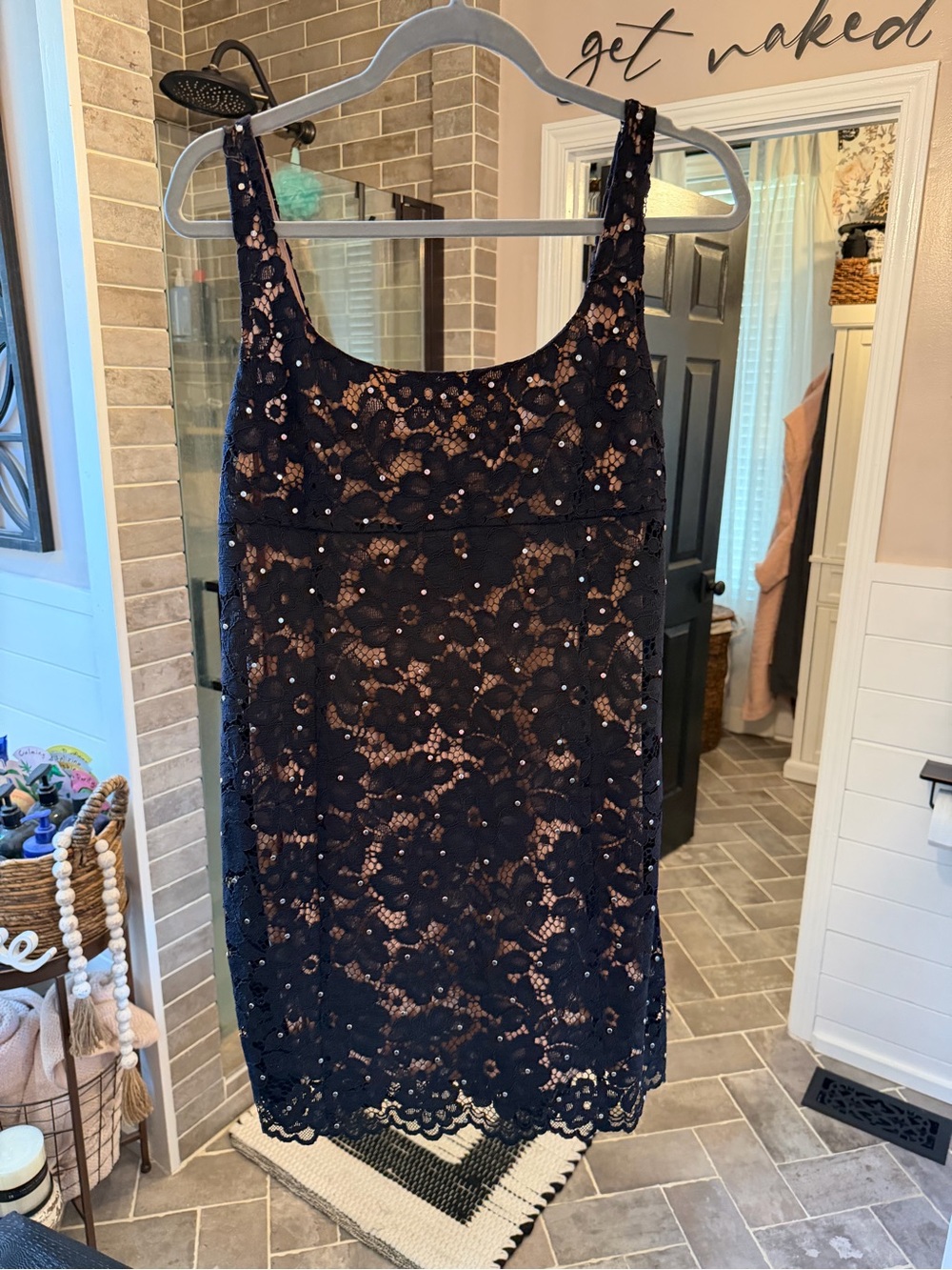 Michael Kors Black Lace Overlay Midi Dress with Nude Lining